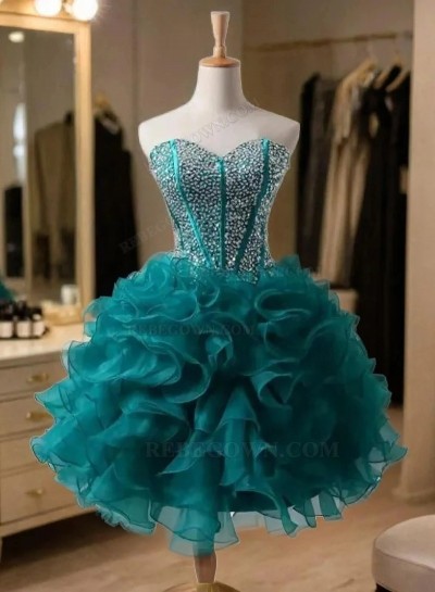 Ruffles Ball Gown Strapless Sweetheart Backless Rhinestone Organza Teal Homecoming Dresses