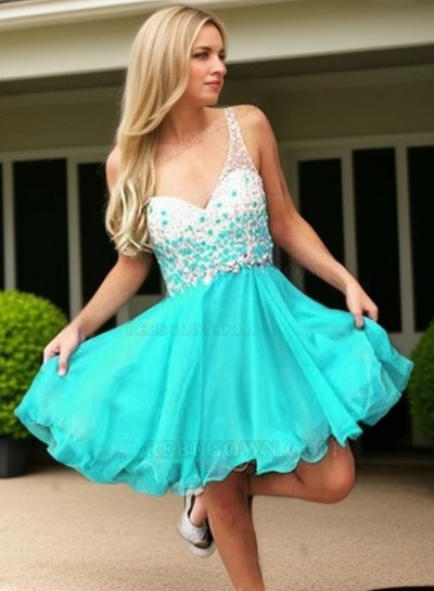Sleeveless Deep V Neck Backless Rhinestone Teal Chiffon Pleated Cut Out Homecoming Dresses