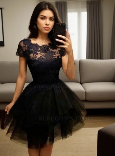 Short Sleeve Jewel A Line Tulle Pleated Lace Appliques Sheer Homecoming Dresses