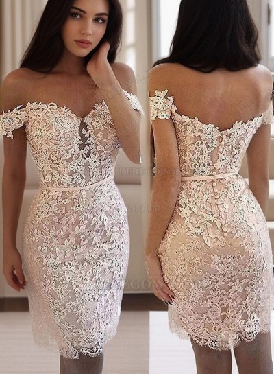 Sheath Ivory Off The Shoulder Backless V Neck Lace Flowers Above Knee Homecoming Dresses