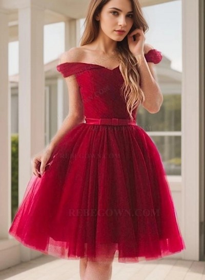 Tulle Burgundy Off The Shoulder Ball Gown V Neck Bowknot Pleated Homecoming Dresses