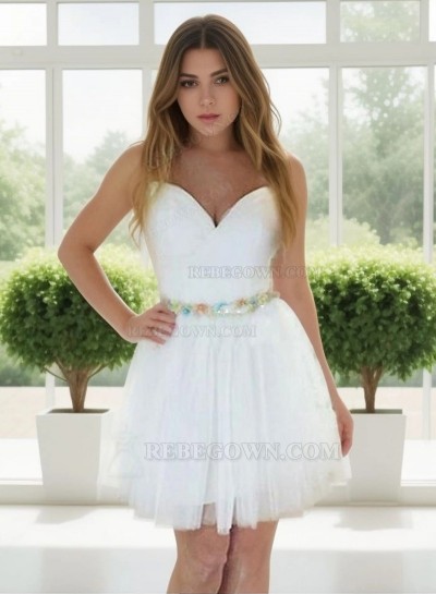 Deep V Neck Sleeveless Strapless A Line Tulle Pleated Ivory Homecoming Dresses