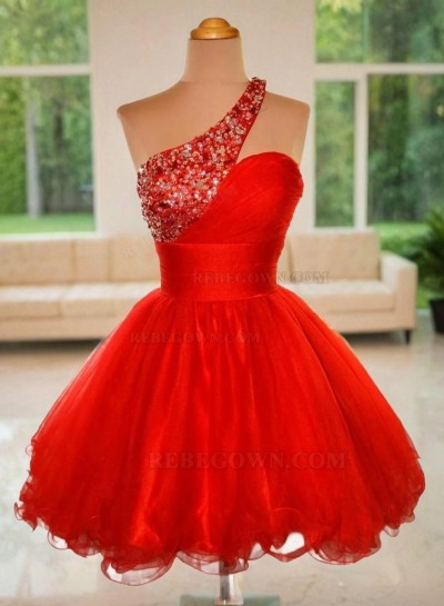One Shoulder Red Sleeveless A Line Organza Pleated Rhinestone Homecoming Dresses