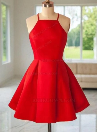 Sleeveless Red Halter Spaghetti Straps A Line Pleated Satin Short Homecoming Dresses