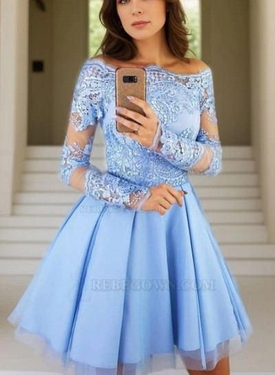 Long Sleeve Off The Shoulder Lace Appliques A Line Pleated Tulle Short Homecoming Dresses
