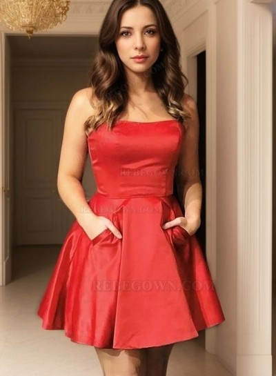 Strapless A Line Red Satin Pleated Pockets Short Elegant Sexy Homecoming Dresses