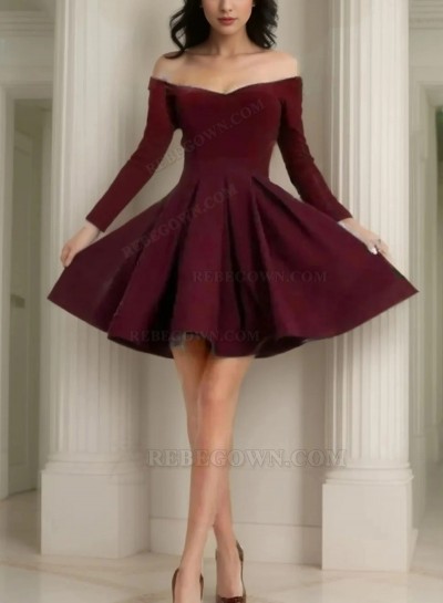 Burgundy Off The Shoulder A Line Pleated Satin Long Sleeve Short Homecoming Dresses