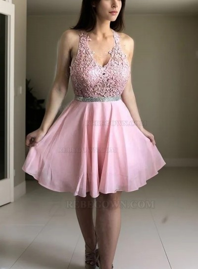 Chiffon Pink A Line Appliques Sleeveless V Neck Lace Short Homecoming Dresses