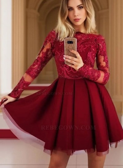 Burgundy Long Sleeve Bateau A Line Appliques Lace Tulle Pleated Homecoming Dresses
