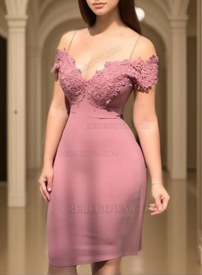 Dusty Rose Sheath Spaghetti Straps V Neck Off The Shoulder Appliques Satin Homecoming Dresses