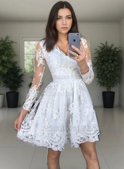 Long Sleeve White Deep V Neck A Line Lace Pleated Sheer Short Homecoming Dresses