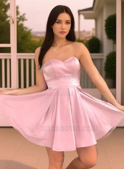A-line/Princess Pink Sleeveless Strapless Satin Mini/Short 2024 Homecoming Dresses