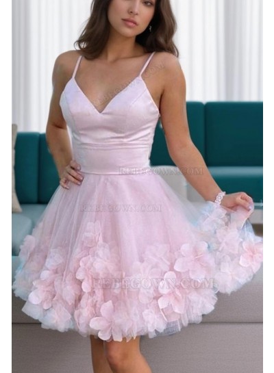 2025 Tulle A-line V-neck Sleeveless Short Pink Homecoming Dresses With Hand-Made Flower