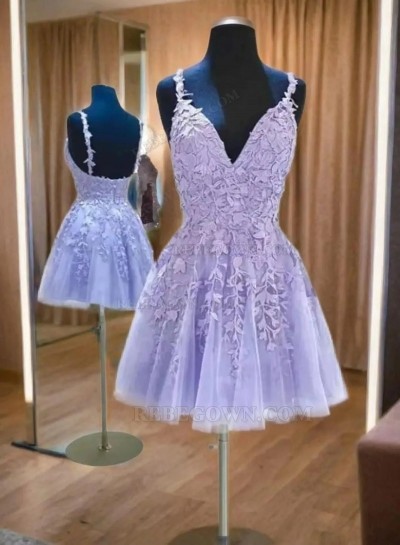 2025 Tulle A-line V-neck Sleeveless Short/Mini Lilac Homecoming Dresses With Appliques