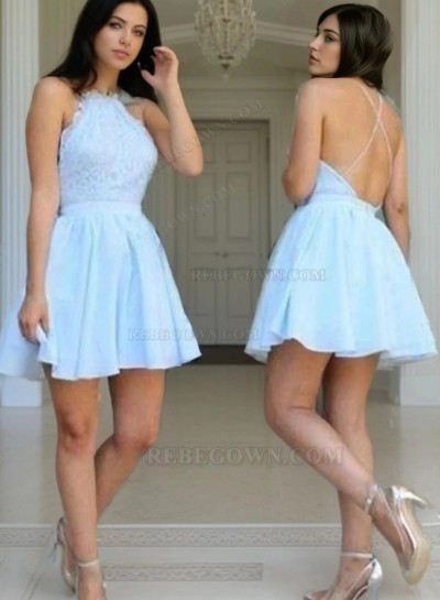 A-Line Jewel Sleeveless Backless Light Blue Lace Short Homecoming Dress 