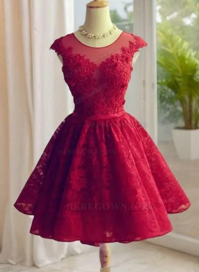 A-Line Jewel Cap Sleeves Red Lace Short Homecoming Dress 2025 with Beading