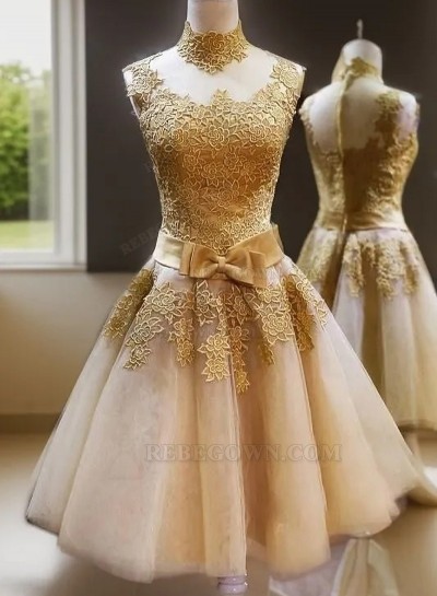 A-Line High Neck Knee-Length Champagne Short Homecoming Dress 2025 with Appliques