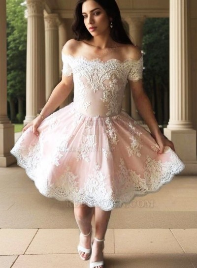A-Line Off-the-Shoulder Appliques Short Pearl Pink Homecoming Dress 2025