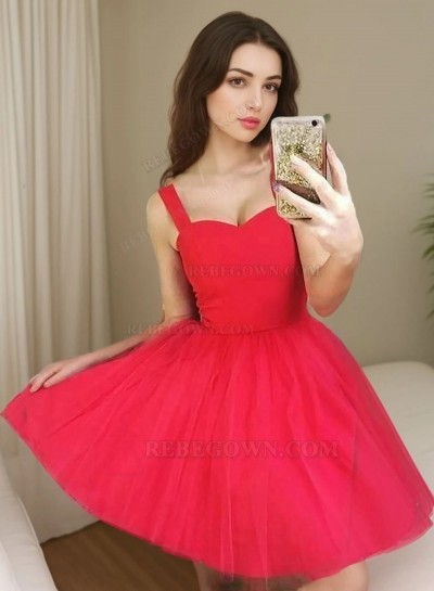 A-Line Straps Sleeveless Short Red Tulle Homecoming Dress 2025 