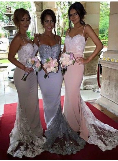 2024 Charming Mermaid  Lace Long Train Pearl Pink Spaghetti straps Bridesmaid Dresses / Gowns