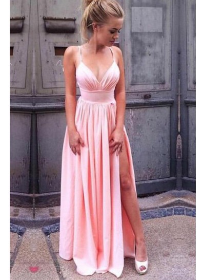 2022 Siren Princess/A-Line Satin Sweetheart Side Slit Pink Prom Dresses