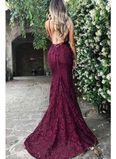 2024 Sexy Burgundy Lace V Backless Prom Dresses