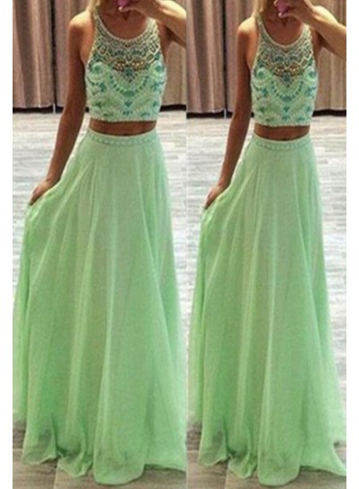 Long Floor length A-Line Beading Two Pieces Chiffon Prom Dresses