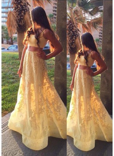 A-Line Sleeveless Natural Appliques Sweep/Brush Train Yellow Prom Dresses