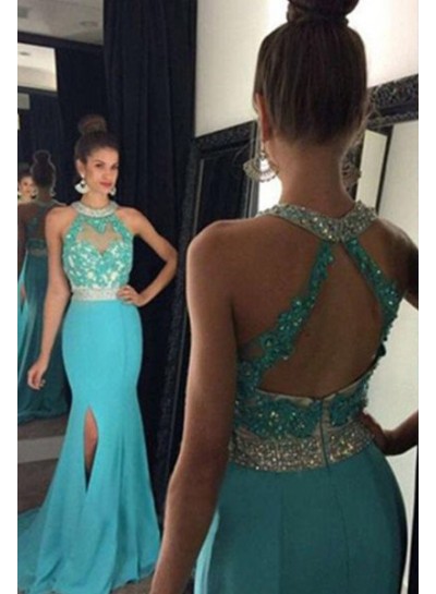 rebe gown 2022 Blue Long Floor length Mermaid Lace Split Front Chiffon Prom Dresses