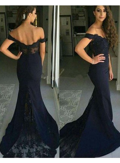 rebe gown 2024 Blue Mermaid Off-the-Shoulder Sleeveless Natural Zipper Lace Prom Dresses