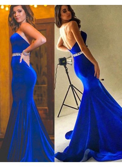 Royal Blue Beading Strapless Mermaid Velevt Prom Dresses