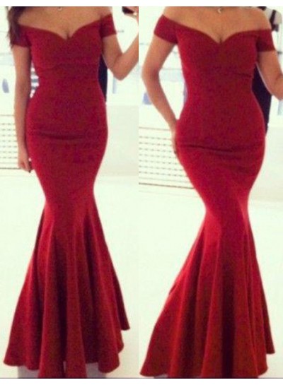 2022 Gorgeous Red Mermaid Off-the-Shoulder Sleeveless Long Floor length Satin Prom Dresses