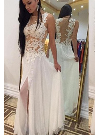 2022 Unique White Long Floor length Column/Sheath Lace Chiffon Prom Dresses