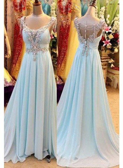 A-Line V-Neck Sleeveless Sweep/Brush Train Chiffon rebe gown 2022 Blue Prom Dresses