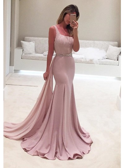 Elegant Crystal One-Shoulder Mermaid Stretch Satin Prom Dresses