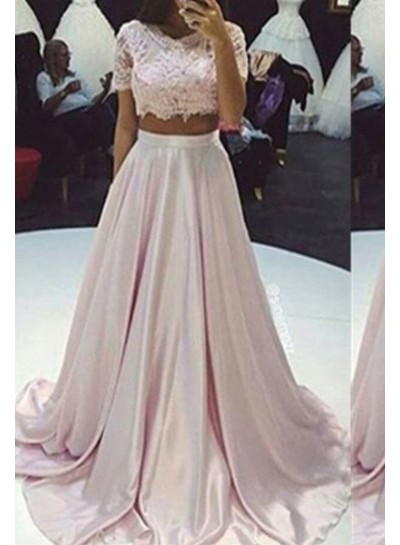 Long Floor length A-Line Lace Two Pieces Taffeta 2024 Glamorous Pink Prom Dresses