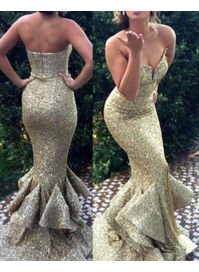 Sweetheart Mermaid Sequined Cheap Prom Dresses