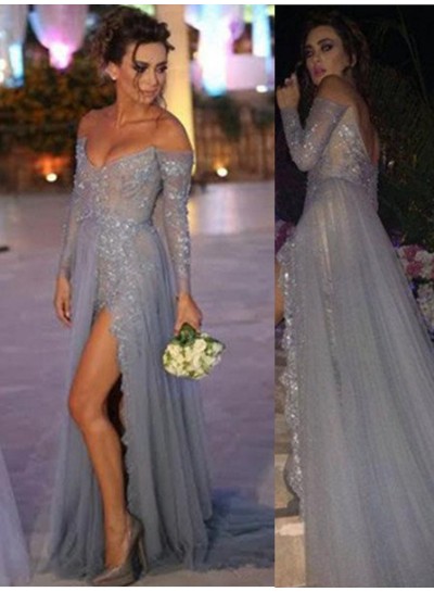 Long Floor length A-Line Beading Off-the-Shoulder Chiffon Silver Prom Dresses