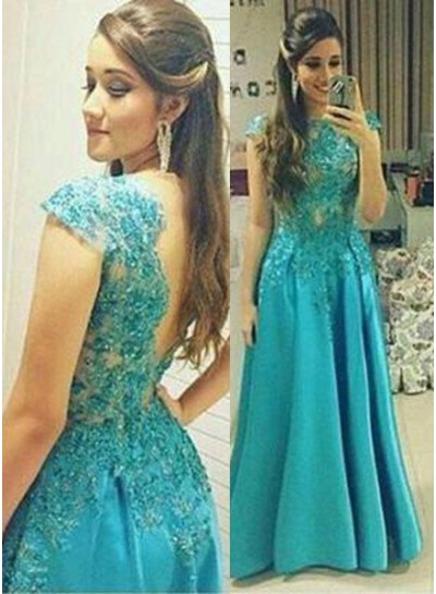 rebe gown 2022 Blue A-Line Natural Appliques Long Floor length Satin Prom Dresses