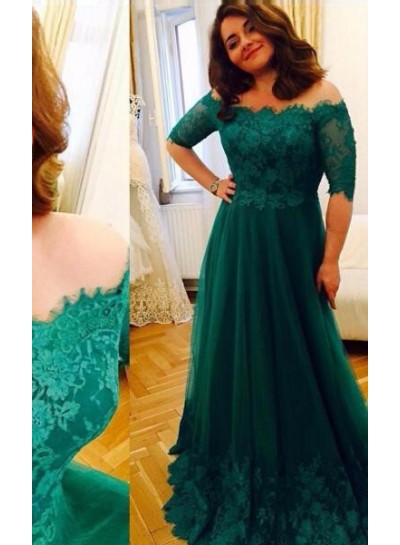 Green Off-the-Shoulder Half Sleeves Lace A-Line Tulle Prom Dresses