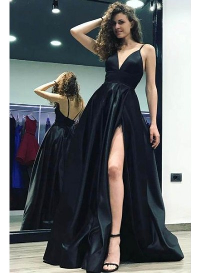 2022 Sexy Black Sweetheart Side Slit Satin Prom Dresses