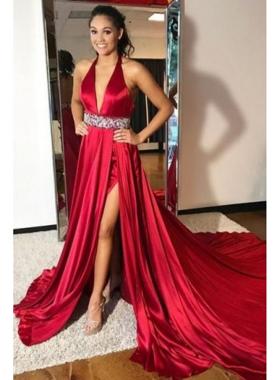 2022 Charming Princess/A-Line Satin Burgundy V Side Slit Prom Dresses