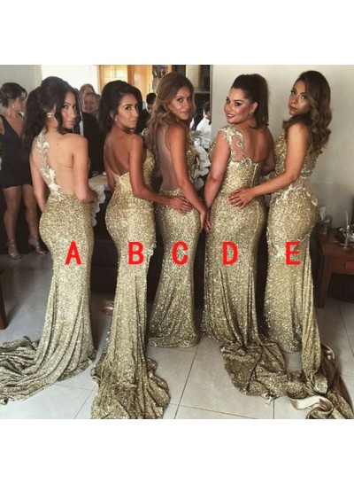 2024 Sexy Gold Sequins Mermaid  Long Train Bridesmaid Dresses / Gowns