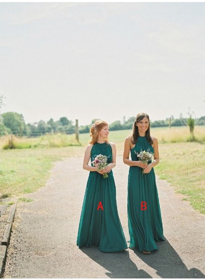2023 A Line Teal Long High Neck Chiffon Bridesmaid Dresses / Gowns