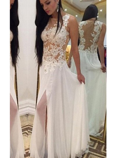 2022 Unique White Split Front Appliques Natural A-Line Chiffon Prom Dresses