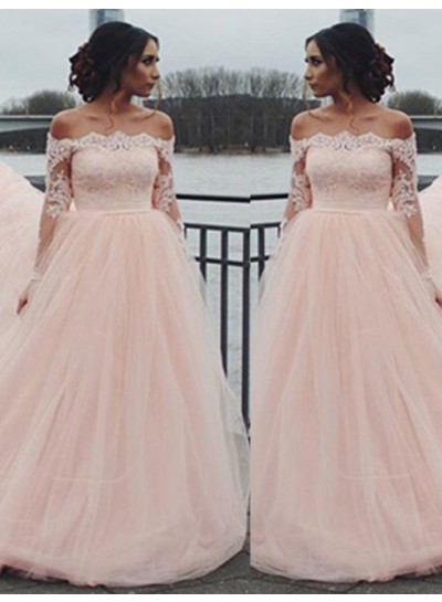 Long Sleeve Off-the-Shoulder Lace A-Line Tulle 2024 Glamorous Pink Prom Dresses
