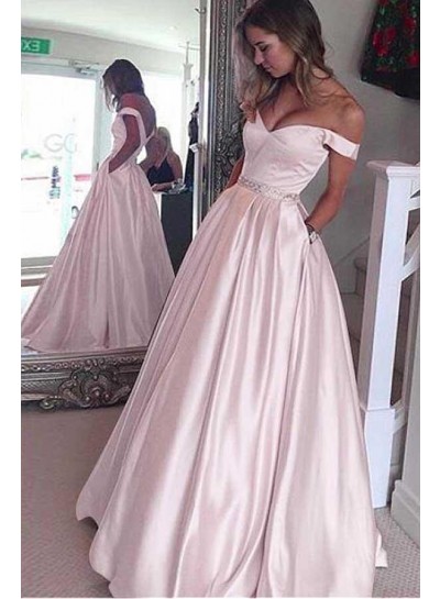 2022 Siren Princess/A-Line Satin Off The Shoulder Blushing Pink Prom Dresses