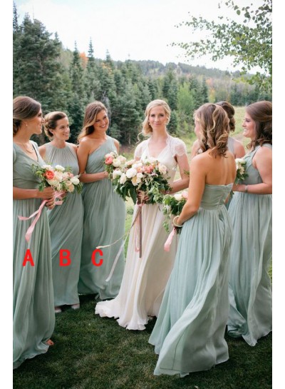 2024 New Arrival Chiffon A Line Sage Green Halter Long Bridesmaid Dresses / Gowns
