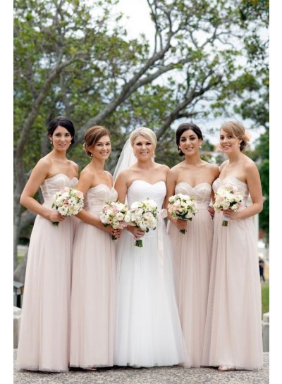2024 A Line Tulle Pearl Pink Sweetheart Long Bridesmaid Dresses / Gowns