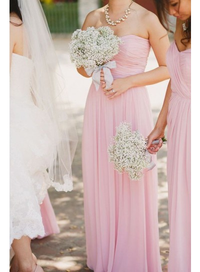 2023 Elegant A Line Pink Long Ruffles Chiffon Strapless Bridesmaid Dresses / Gowns